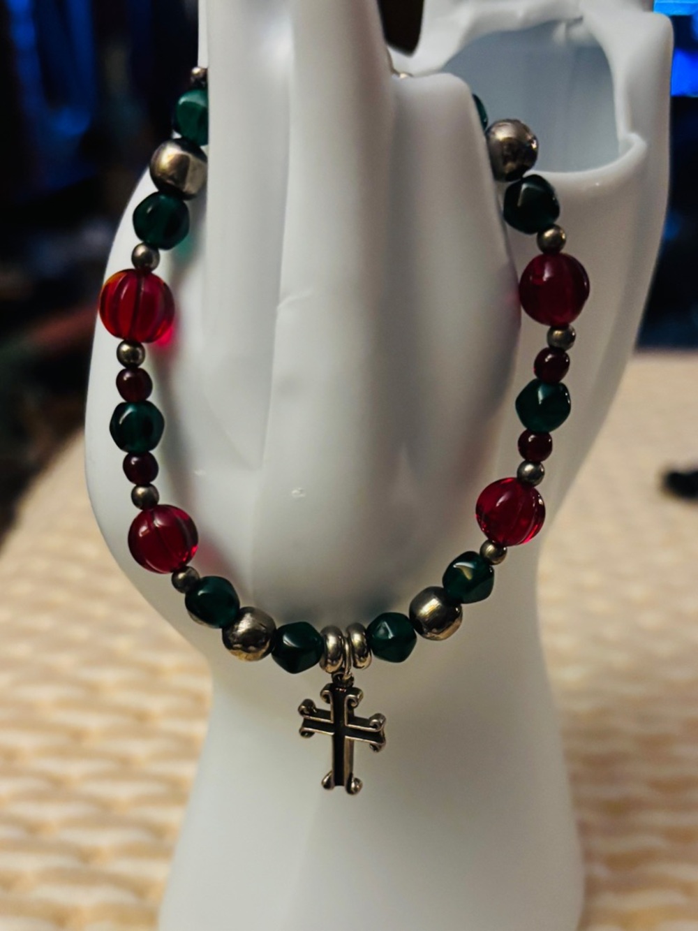 Vintage Mexican Sterling Silver "STFR" hallmark Cross Pendant Bead Bracelet $15